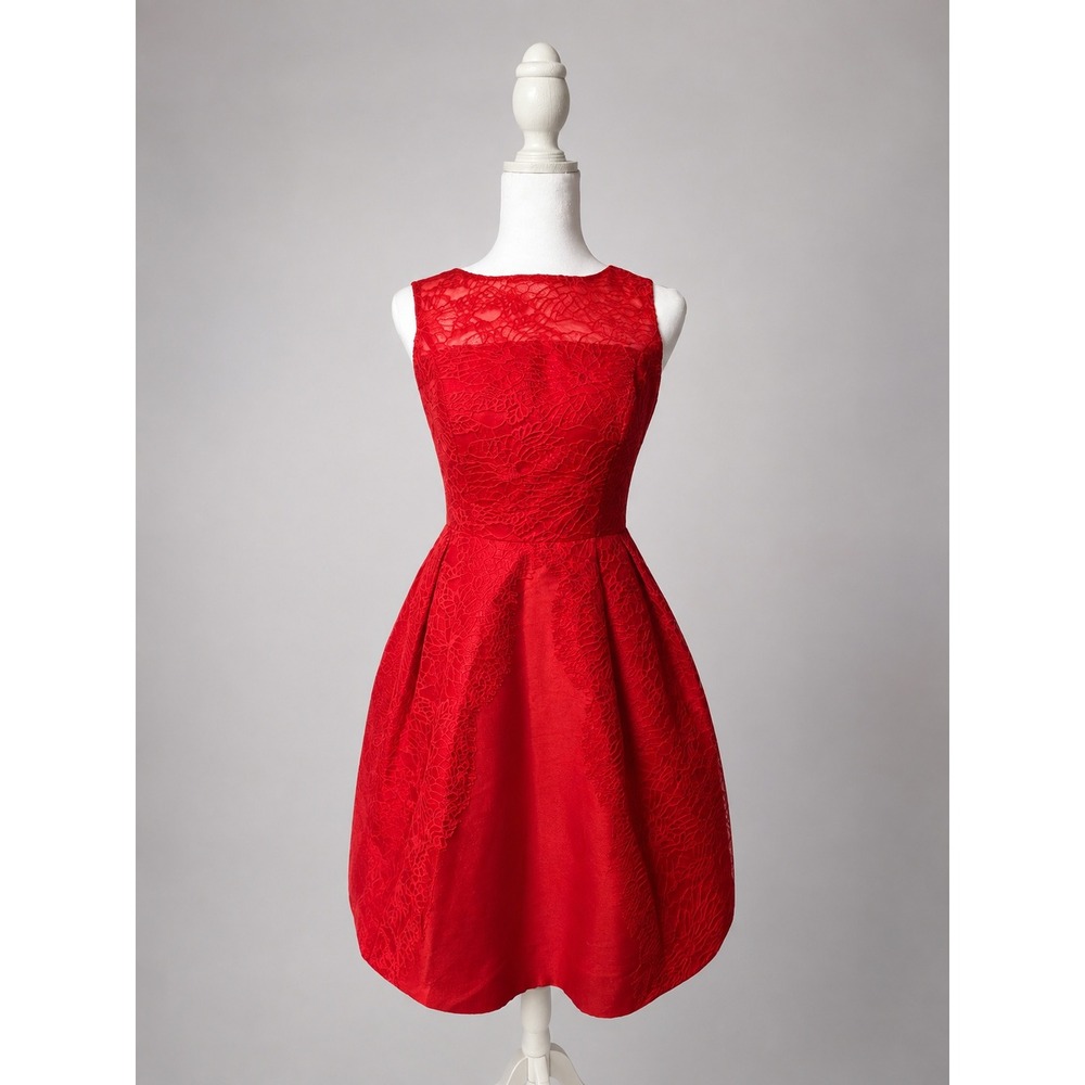 ML Monique Lhuillier Red Lace Open Back High Low Cocktail Dress Size 4